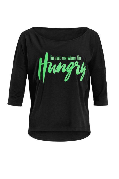 Ultra leichtes Modal-3/4-Arm Shirt MCS001 mit neon grünem Glitzer-Aufdruck „I am not me when I am hungry”, schwarz