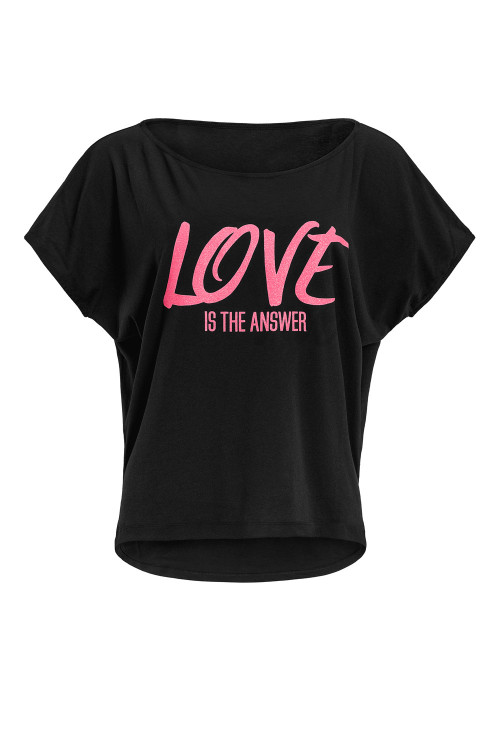Ultra leichtes Modal-Kurzarmshirt MCT002 mit neon pinkem Glitzer-Aufdruck „Love is the answer”, schwarz