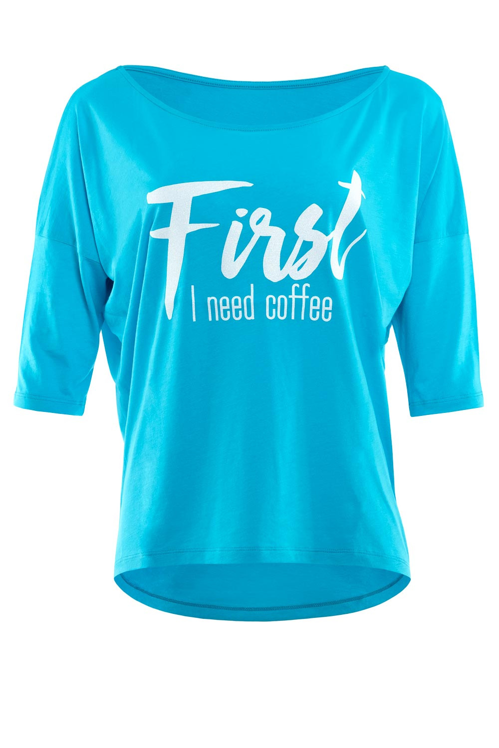 Ultra leichtes Modal-3/4-Arm Shirt MCS001 mit weißem Glitzer-Aufdruck  „First I need coffee”, Winshape Dance Style