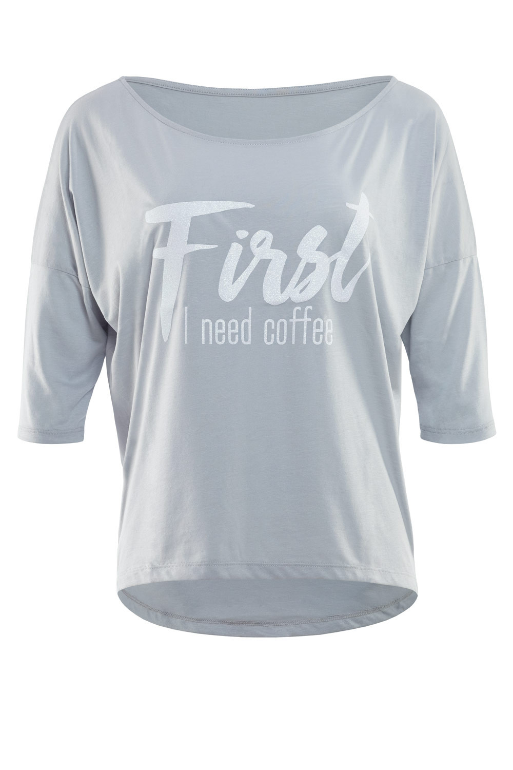 Ultra leichtes Modal-3/4-Arm Shirt MCS001 mit weißem Glitzer-Aufdruck  „First I need coffee”, Winshape Dance Style