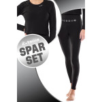 Sparset Cropped Long Sleeve Top + Leggings "High Waist", schwarz mit silberner 7 Chakras-Applikation, 2-teilig
