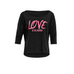 Ultra leichtes Modal-3/4-Arm Shirt MCS001 mit neon pinkem Glitzer-Aufdruck „Love is the answer”, schwarz