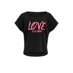 Ultra leichtes Modal-Kurzarmshirt MCT002 mit neon pinkem Glitzer-Aufdruck „Love is the answer”, schwarz